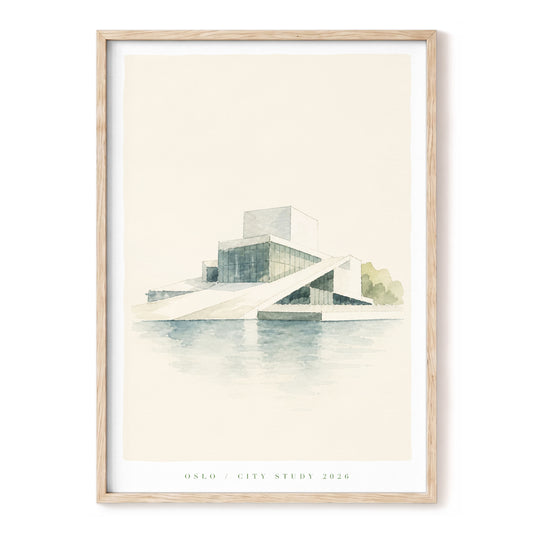 Oslo Waterfront Study, beige, blue, gray minimalist wall art, front artwork view