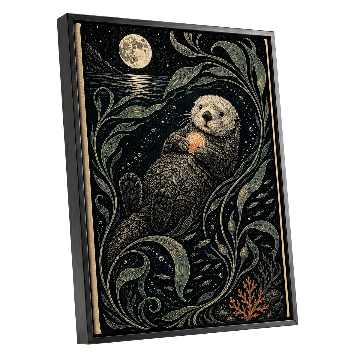 Otter Under the Moon, black, beige, green nature wall art shown as a black framed canvas wall art