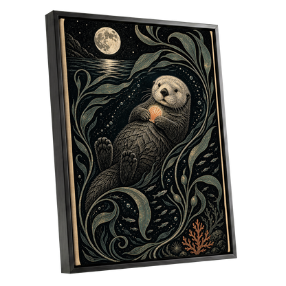 Otter Under the Moon, black, beige, green nature wall art shown as a black framed canvas wall art