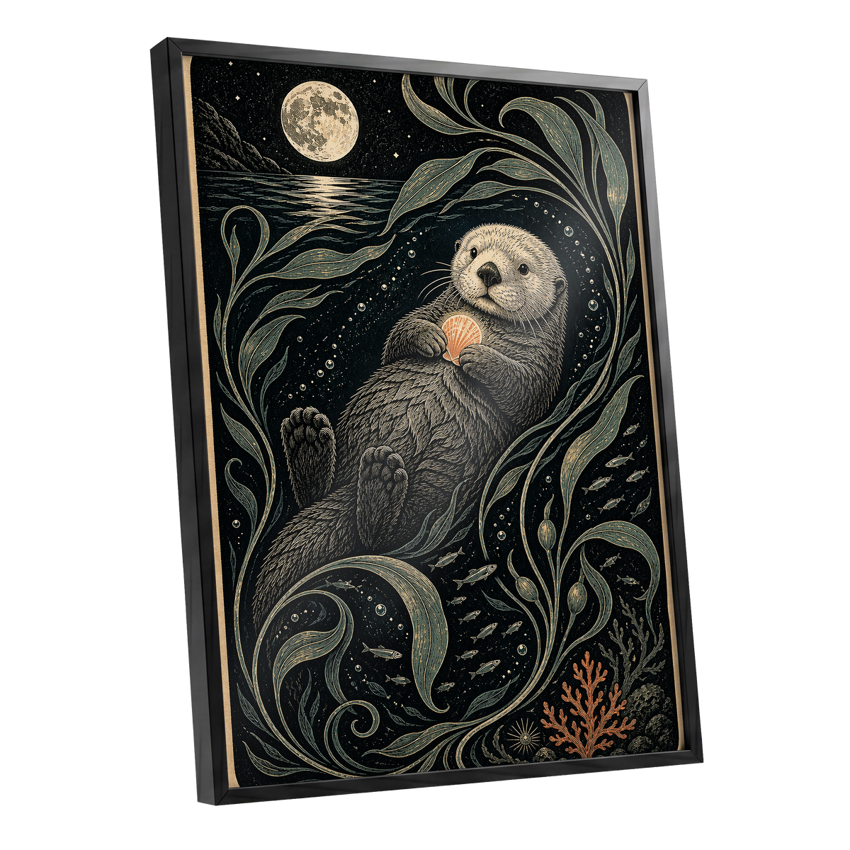 Otter Under the Moon, black, beige, green nature wall art shown as a black framed poster wall art print