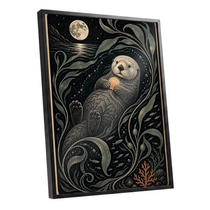 Otter Under the Moon, black, beige, green nature wall art shown as a black framed poster wall art print