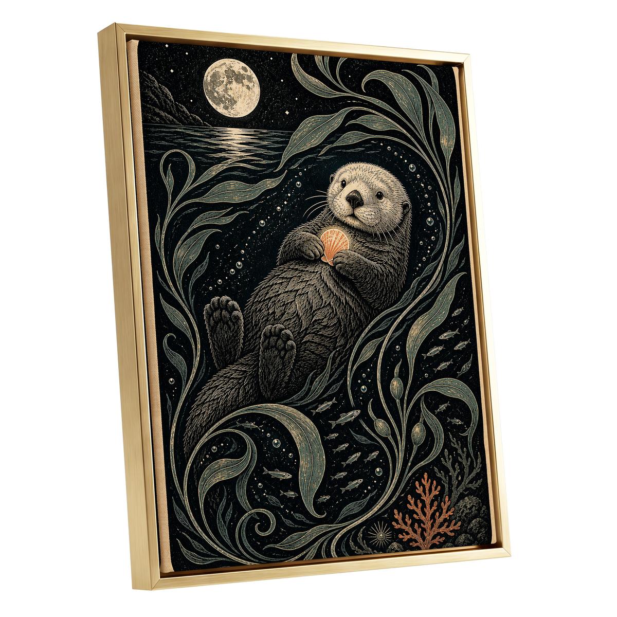 Otter Under the Moon, black, beige, green nature wall art shown as a gold framed canvas wall art