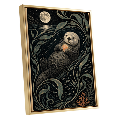 Otter Under the Moon, black, beige, green nature wall art shown as a gold framed canvas wall art