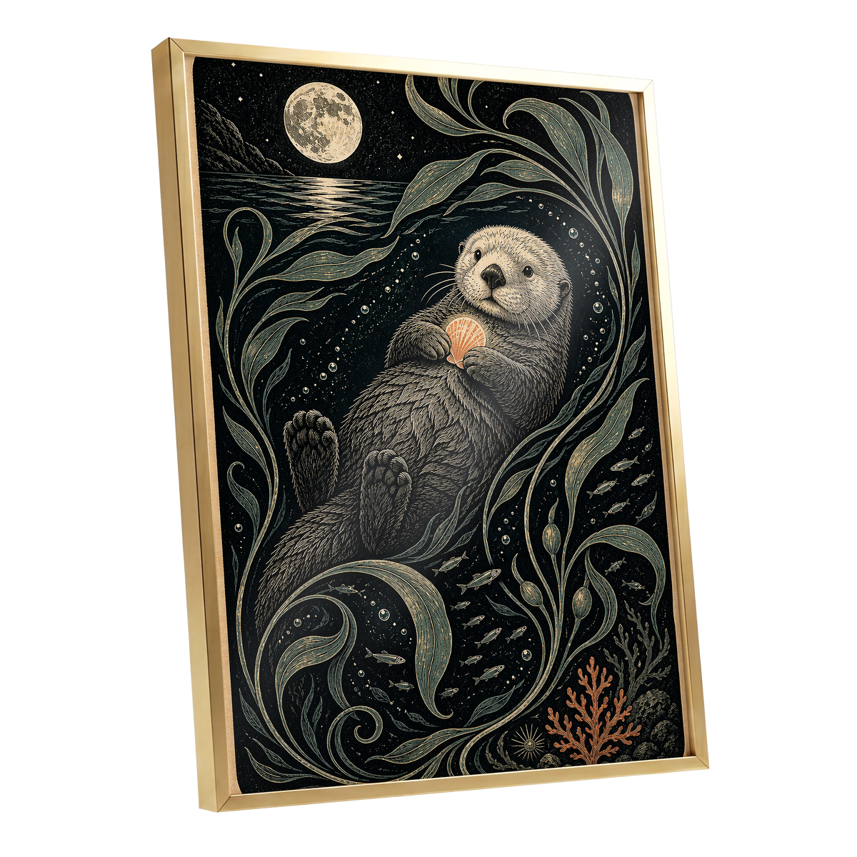Otter Under the Moon, black, beige, green nature wall art shown as a gold framed poster wall art print