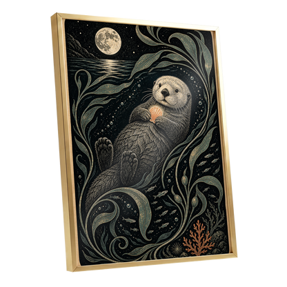 Otter Under the Moon, black, beige, green nature wall art shown as a gold framed poster wall art print