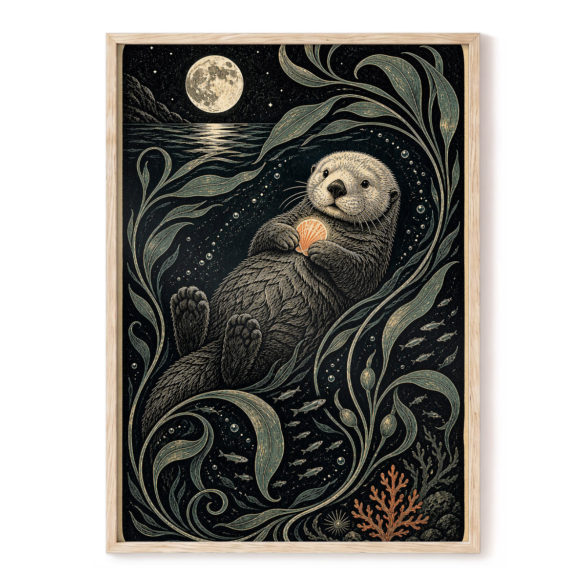 Otter Under the Moon, black, beige, green nature wall art, front artwork view