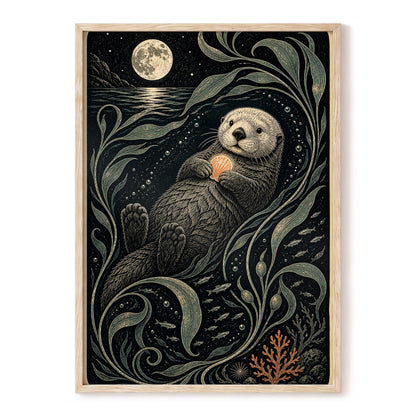 Otter Under the Moon, black, beige, green nature wall art, front artwork view