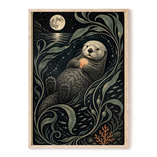 Otter Under the Moon, black, beige, green nature wall art, front artwork view