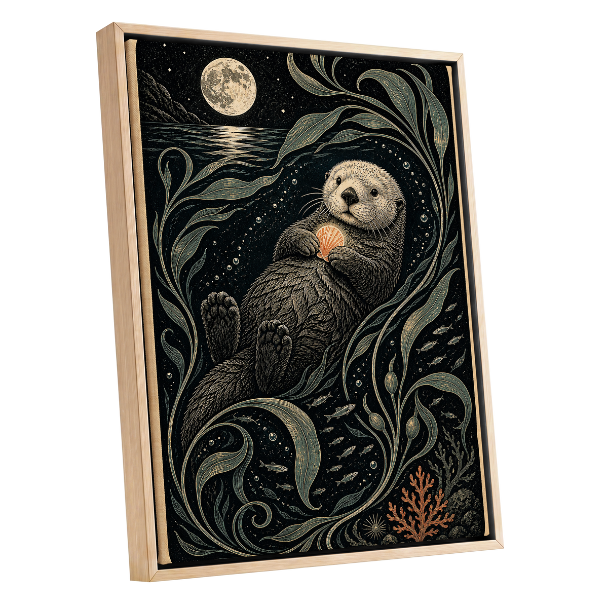 Otter Under the Moon, black, beige, green nature wall art shown as a oak framed canvas wall art