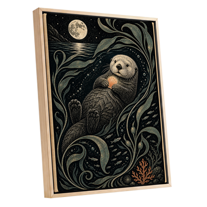 Otter Under the Moon, black, beige, green nature wall art shown as a oak framed canvas wall art