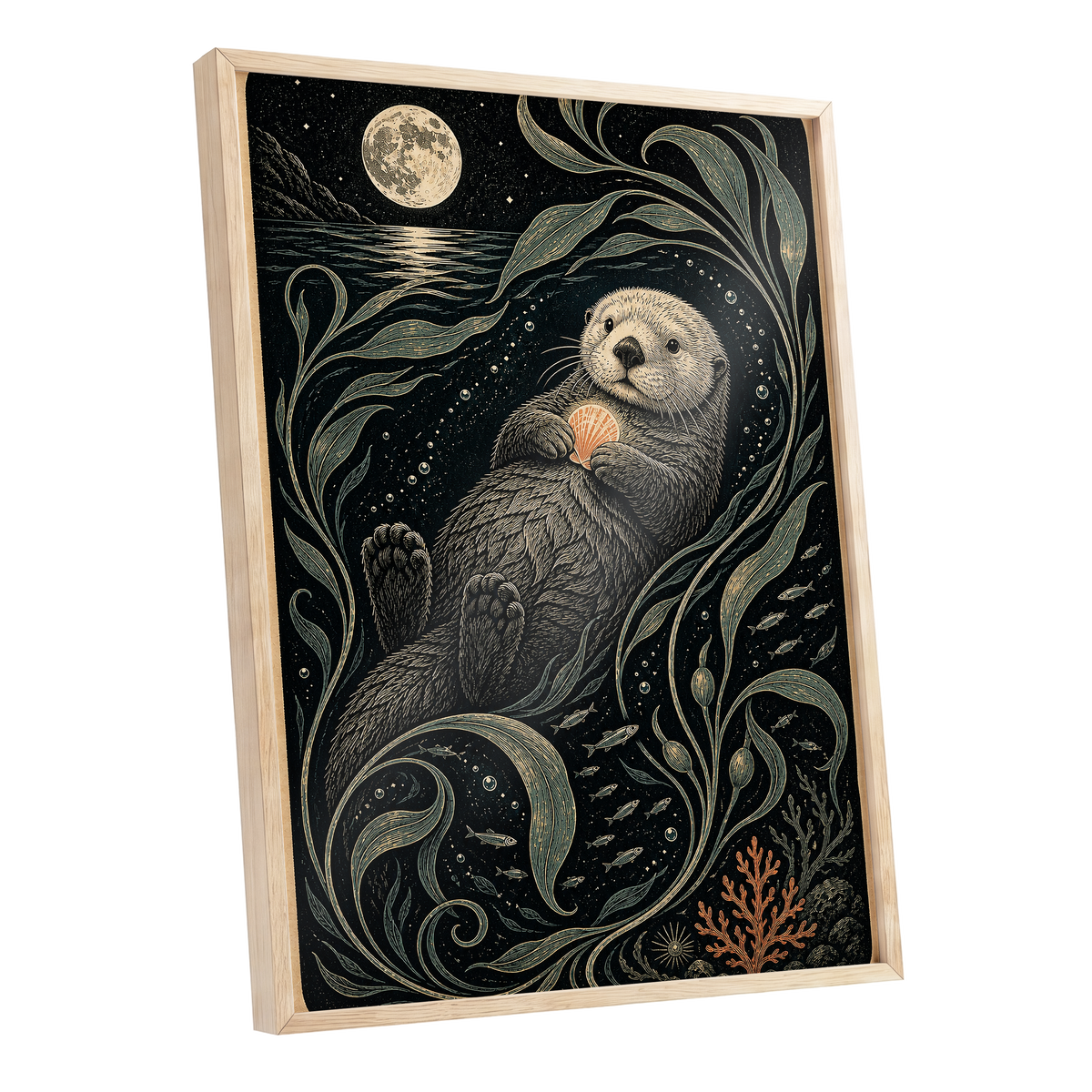 Otter Under the Moon, black, beige, green nature wall art shown as a oak framed poster wall art print