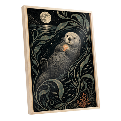 Otter Under the Moon, black, beige, green nature wall art shown as a oak framed poster wall art print