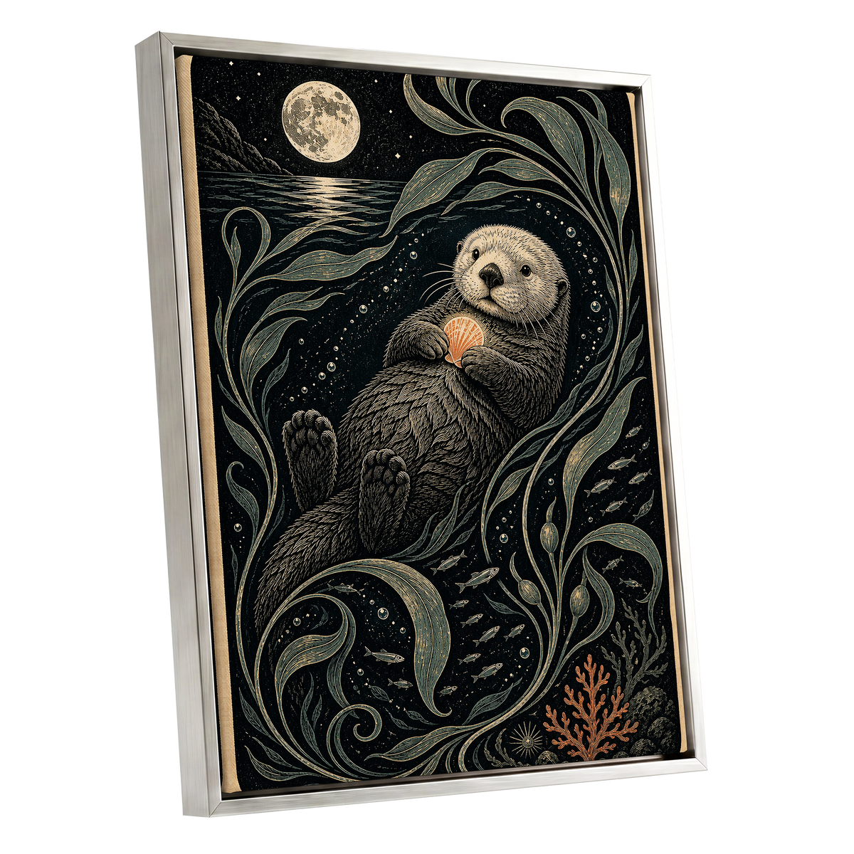 Otter Under the Moon, black, beige, green nature wall art shown as a silver framed canvas wall art