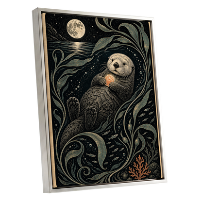 Otter Under the Moon, black, beige, green nature wall art shown as a silver framed canvas wall art