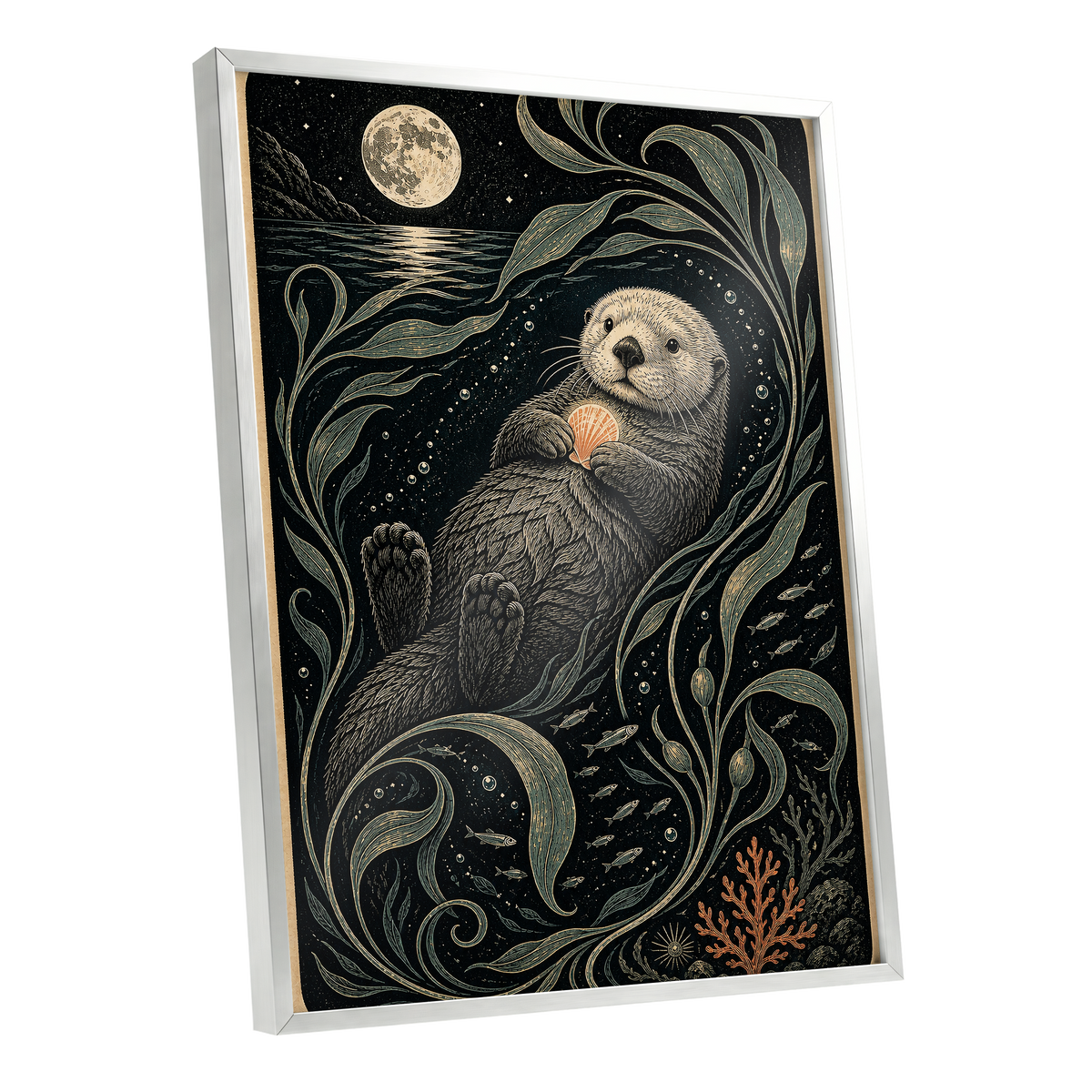 Otter Under the Moon, black, beige, green nature wall art shown as a silver framed poster wall art print