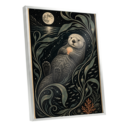 Otter Under the Moon, black, beige, green nature wall art shown as a silver framed poster wall art print