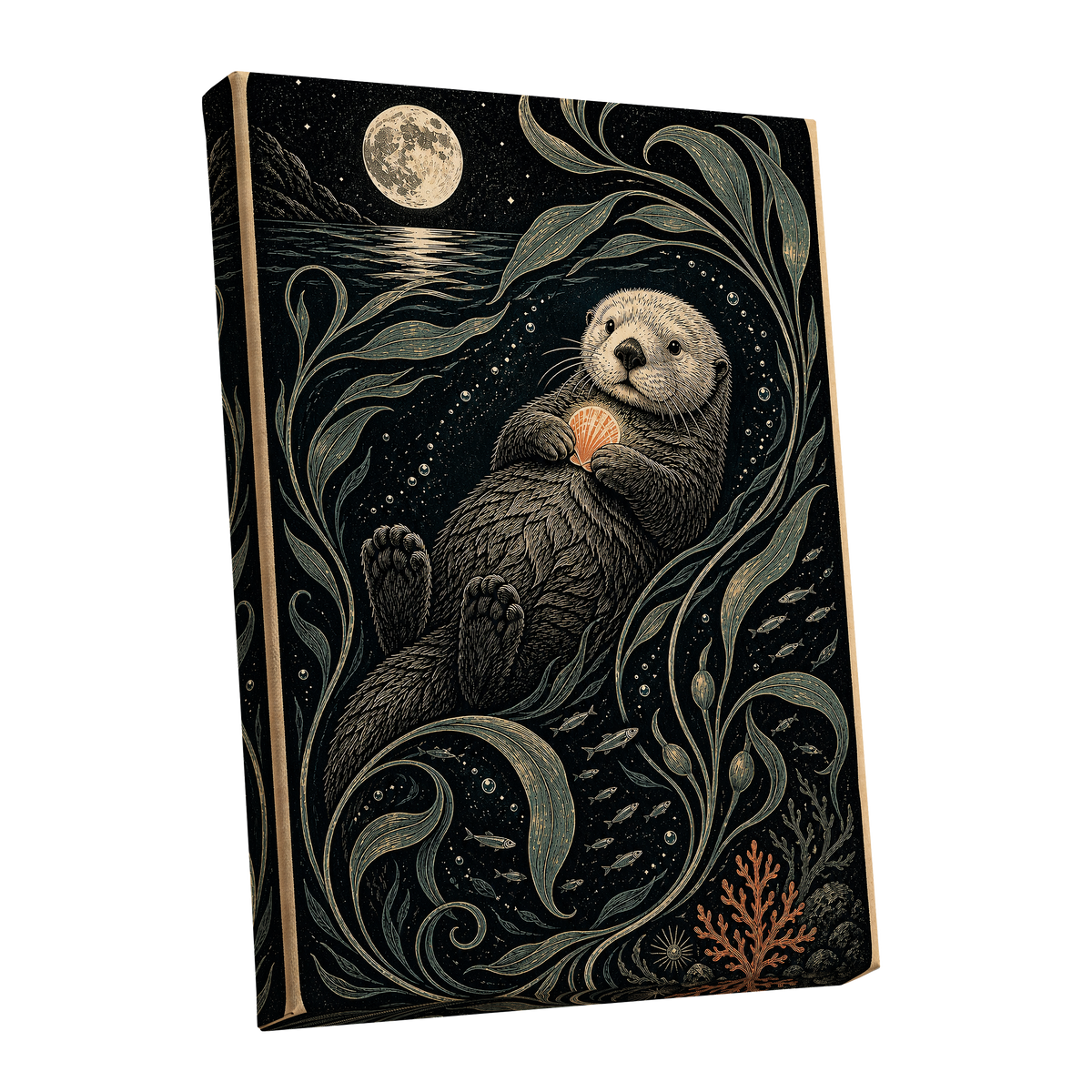 Otter Under the Moon, black, beige, green nature wall art shown as a stretched canvas wall art