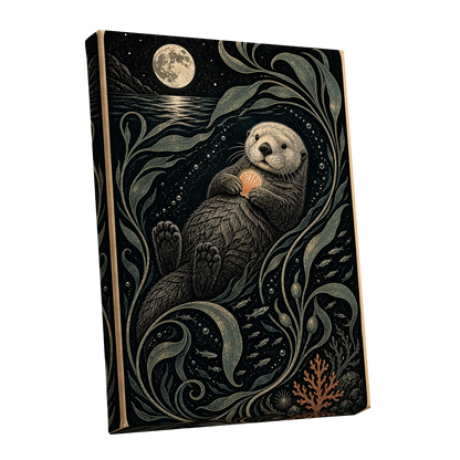 Otter Under the Moon, black, beige, green nature wall art shown as a stretched canvas wall art