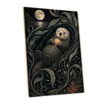 Otter Under the Moon, black, beige, green nature wall art shown as a unframed poster wall art print