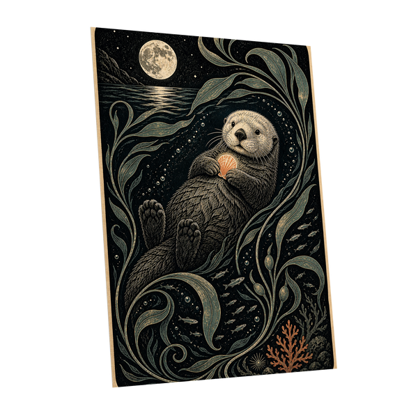 Otter Under the Moon, black, beige, green nature wall art shown as a unframed poster wall art print