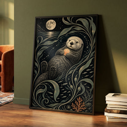 Otter Under the Moon, black, beige, green nature wall art displayed in a styled interior, gallery view 2