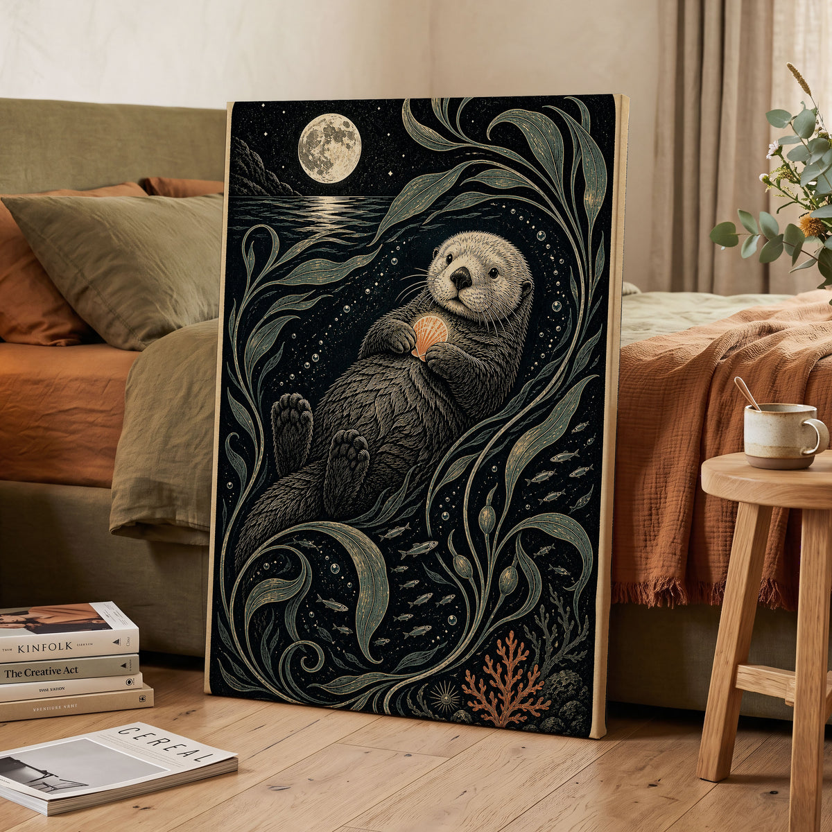 Otter Under the Moon, black, beige, green nature wall art displayed in a styled interior, gallery view 3