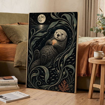 Otter Under the Moon, black, beige, green nature wall art displayed in a styled interior, gallery view 3