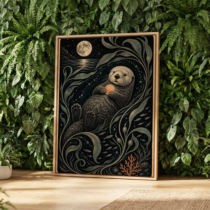 Otter Under the Moon, black, beige, green nature wall art displayed in a styled interior, gallery view 4