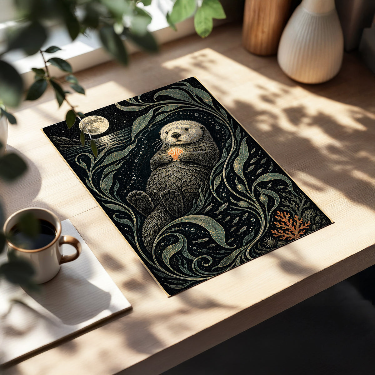 Otter Under the Moon, black, beige, green nature wall art displayed in a styled interior, gallery view 5
