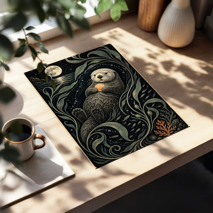 Otter Under the Moon, black, beige, green nature wall art displayed in a styled interior, gallery view 5