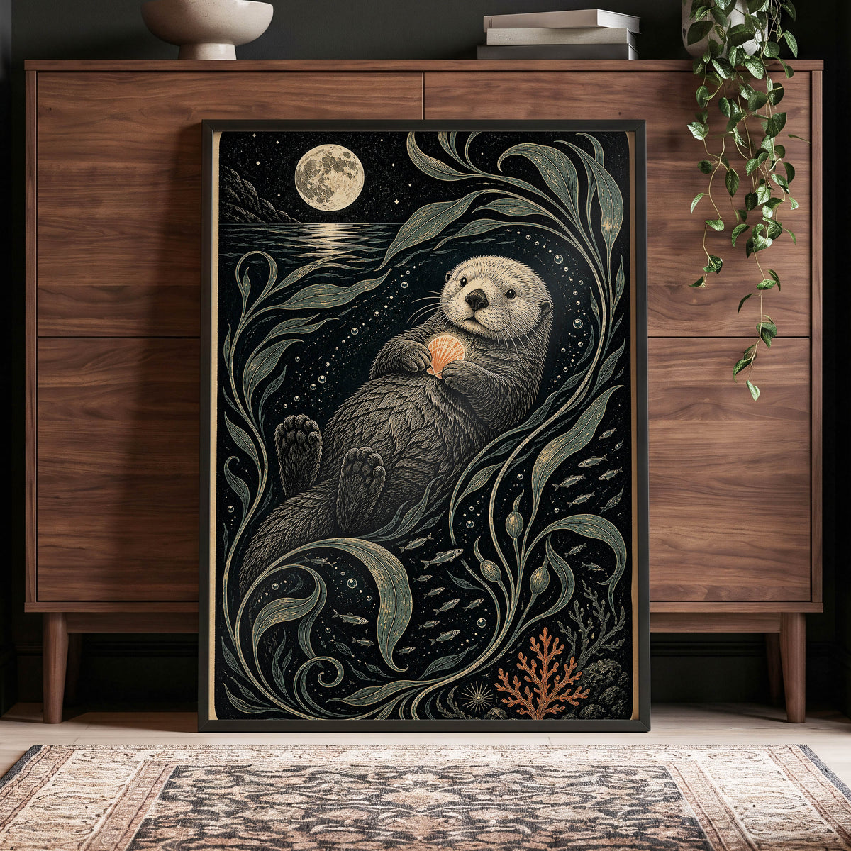 Otter Under the Moon, black, beige, green nature wall art displayed in a styled interior, gallery view 6