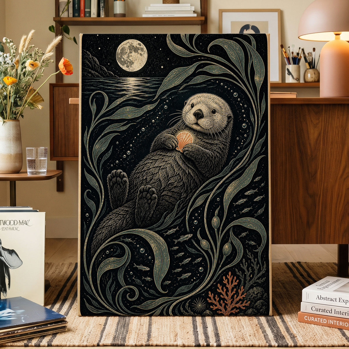 Otter Under the Moon, black, beige, green nature wall art displayed in a styled interior, gallery view 7