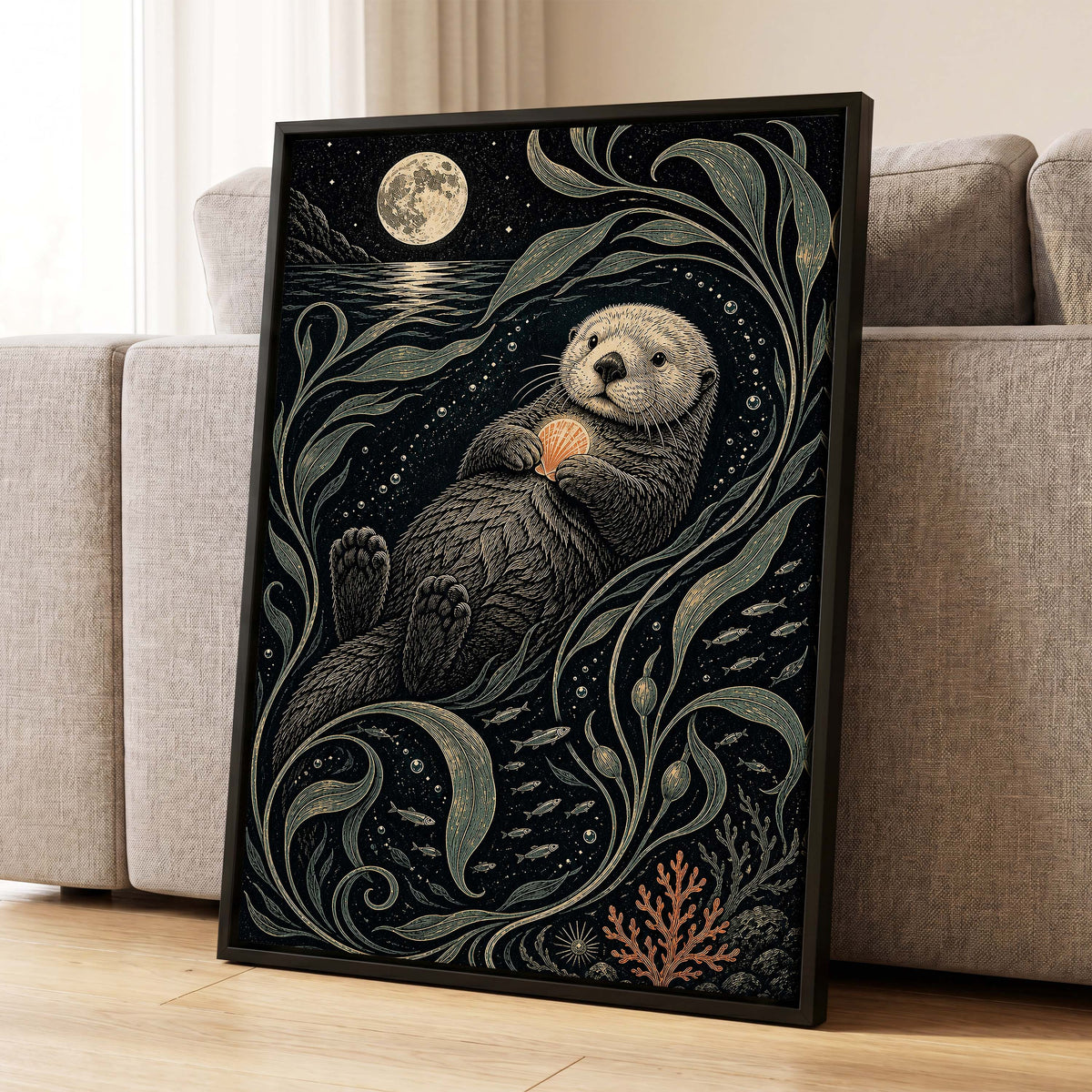 Otter Under the Moon, black, beige, green nature wall art displayed in a styled interior, gallery view 8