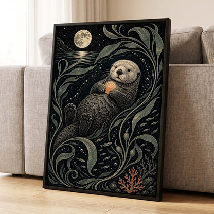 Otter Under the Moon, black, beige, green nature wall art displayed in a styled interior, gallery view 8
