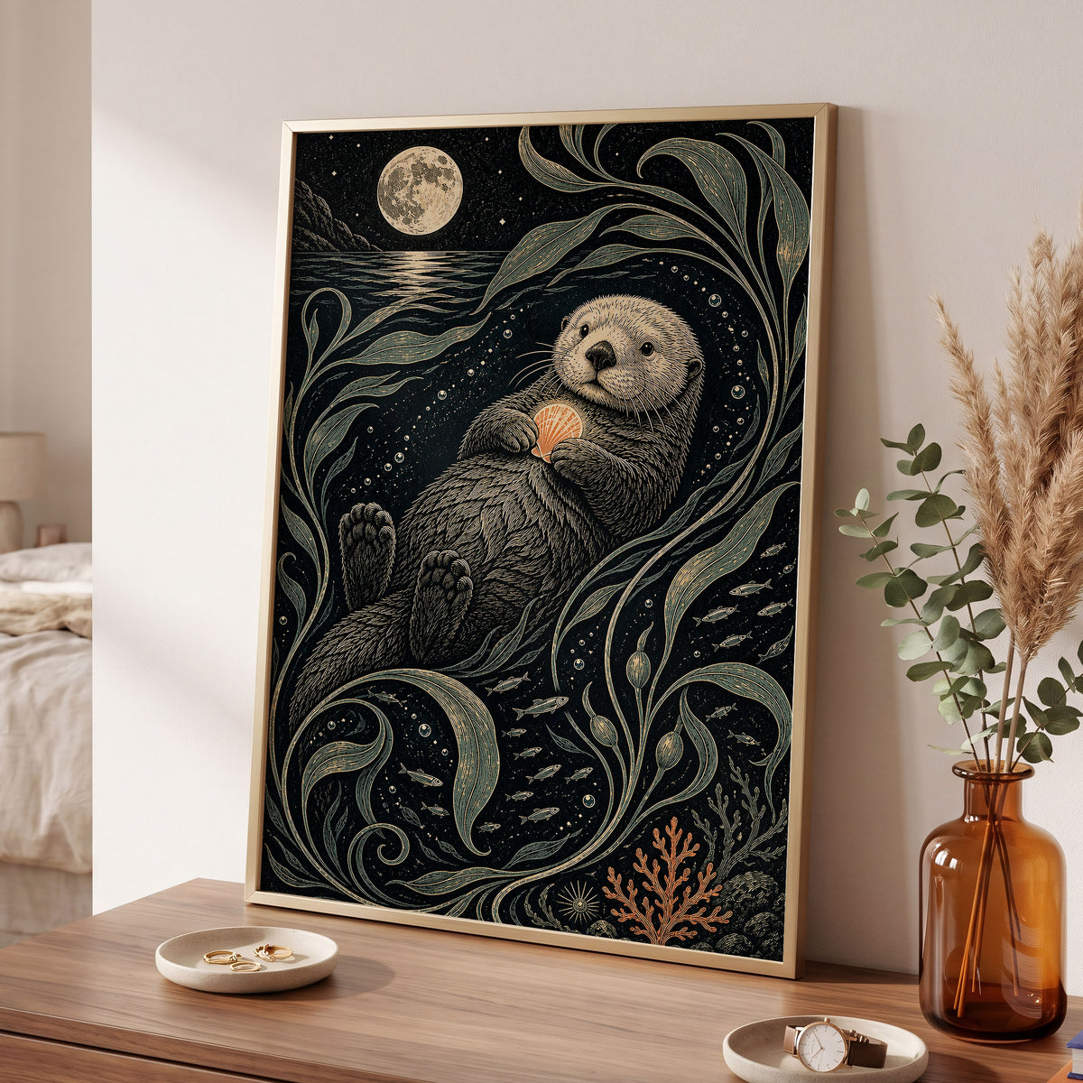 Otter Under the Moon, black, beige, green nature wall art displayed in a styled interior, gallery view 9