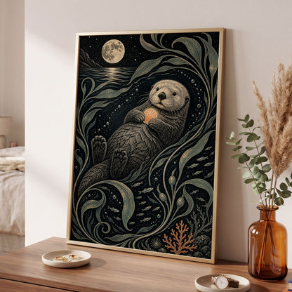 Otter Under the Moon, black, beige, green nature wall art displayed in a styled interior, gallery view 9