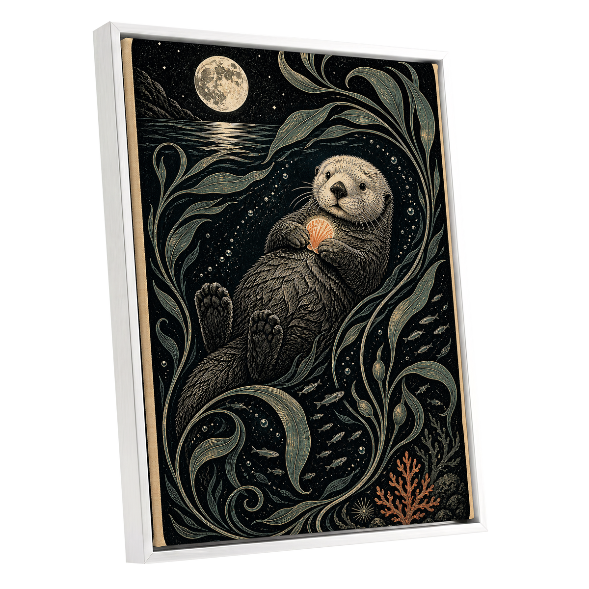 Otter Under the Moon, black, beige, green nature wall art shown as a white framed canvas wall art