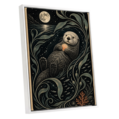 Otter Under the Moon, black, beige, green nature wall art shown as a white framed canvas wall art