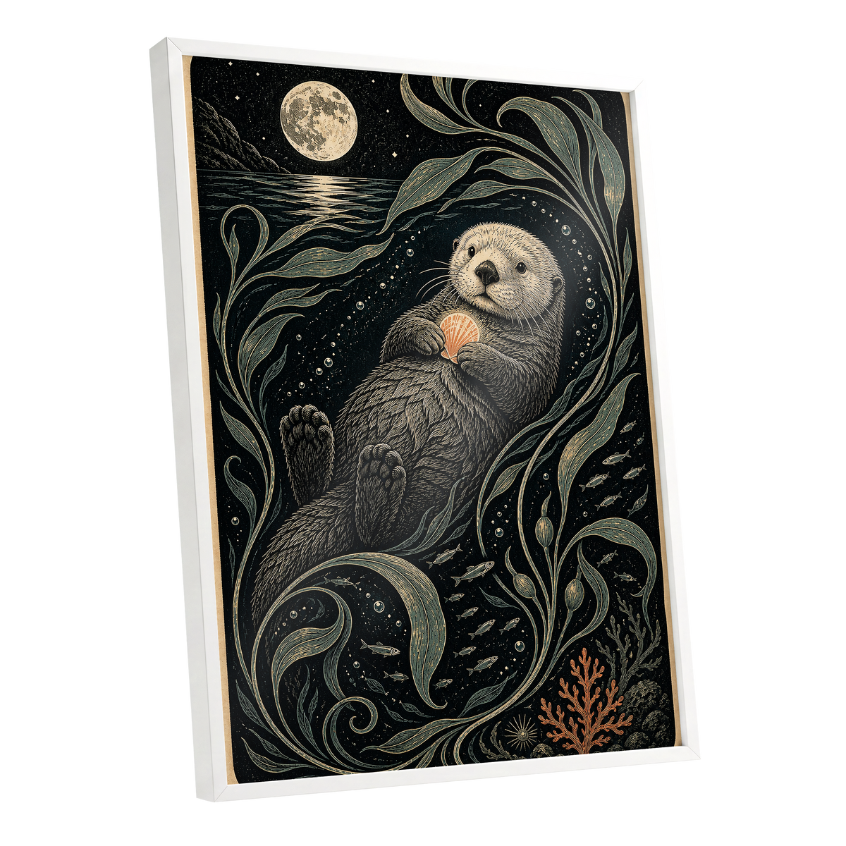 Otter Under the Moon, black, beige, green nature wall art shown as a white framed poster wall art print