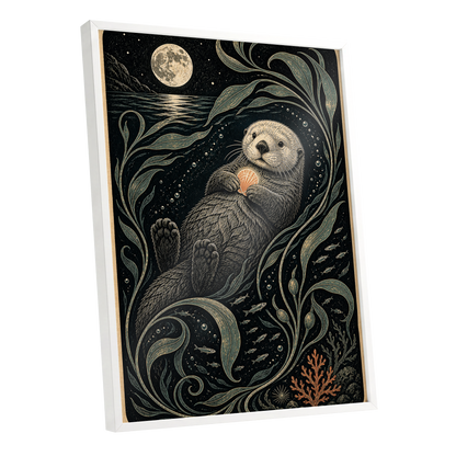 Otter Under the Moon, black, beige, green nature wall art shown as a white framed poster wall art print