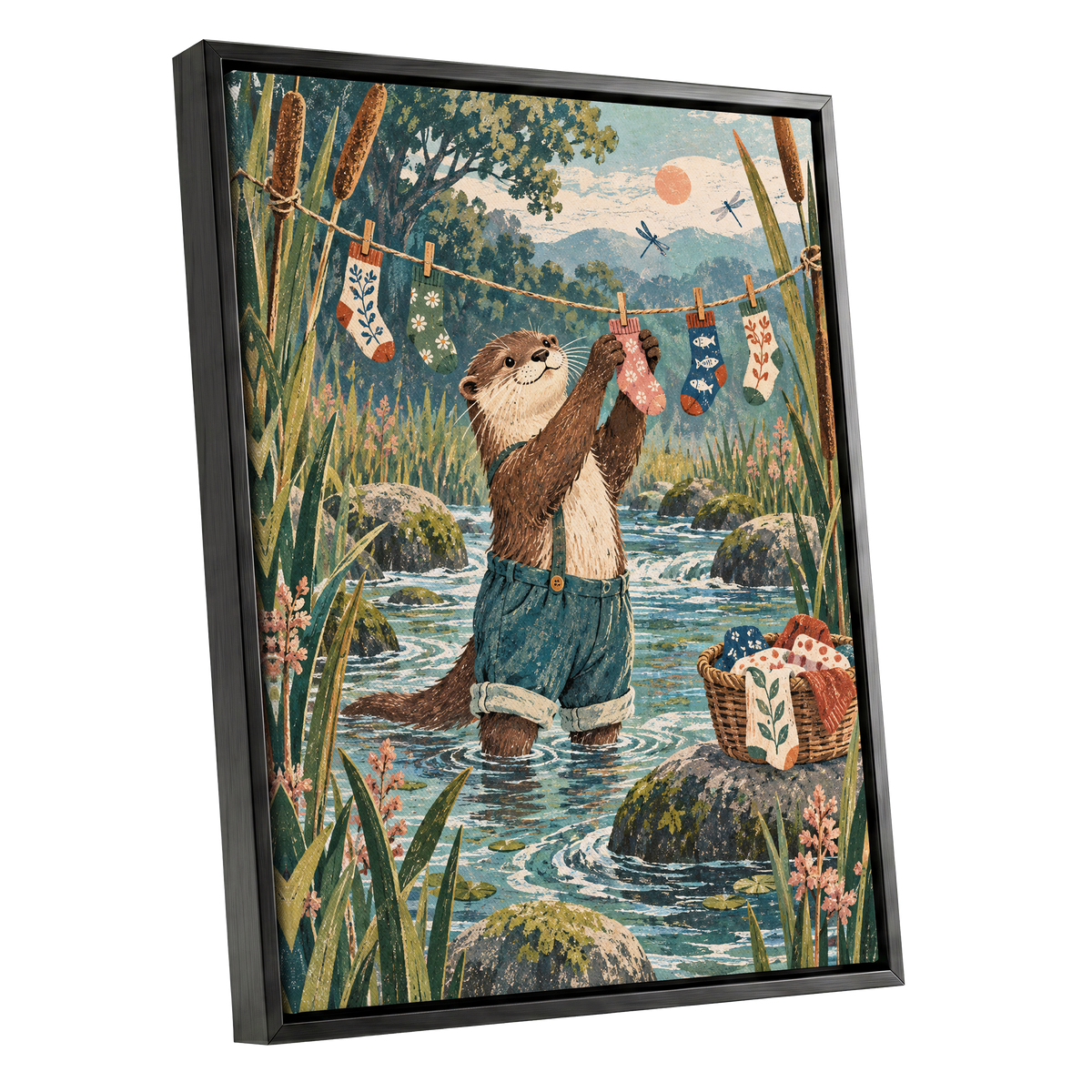 Otter's Laundry Day, blue, green, brown nature wall art shown as a black framed canvas wall art