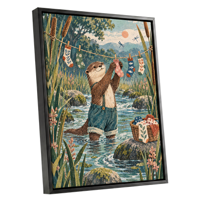 Otter's Laundry Day, blue, green, brown nature wall art shown as a black framed canvas wall art