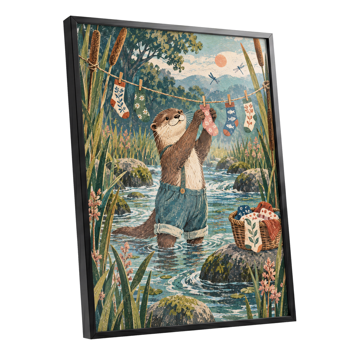 Otter's Laundry Day, blue, green, brown nature wall art shown as a black framed poster wall art print