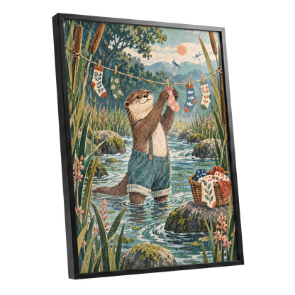 Otter's Laundry Day, blue, green, brown nature wall art shown as a black framed poster wall art print