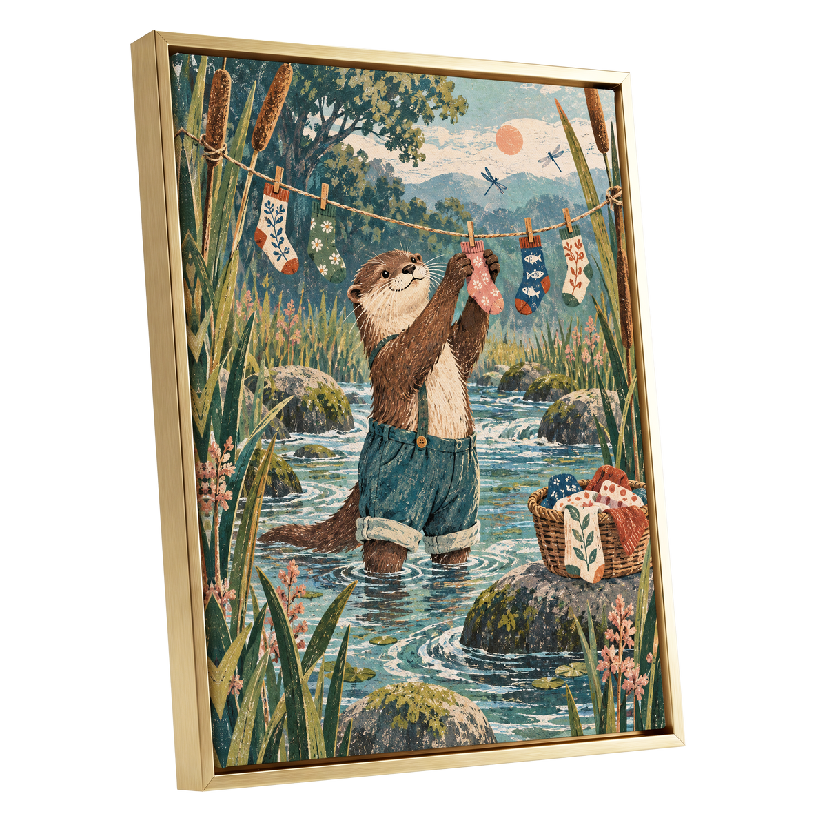 Otter's Laundry Day, blue, green, brown nature wall art shown as a gold framed canvas wall art