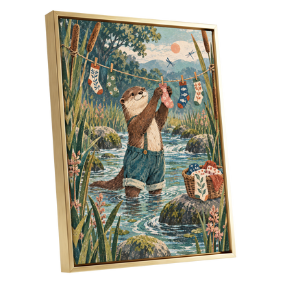 Otter's Laundry Day, blue, green, brown nature wall art shown as a gold framed canvas wall art