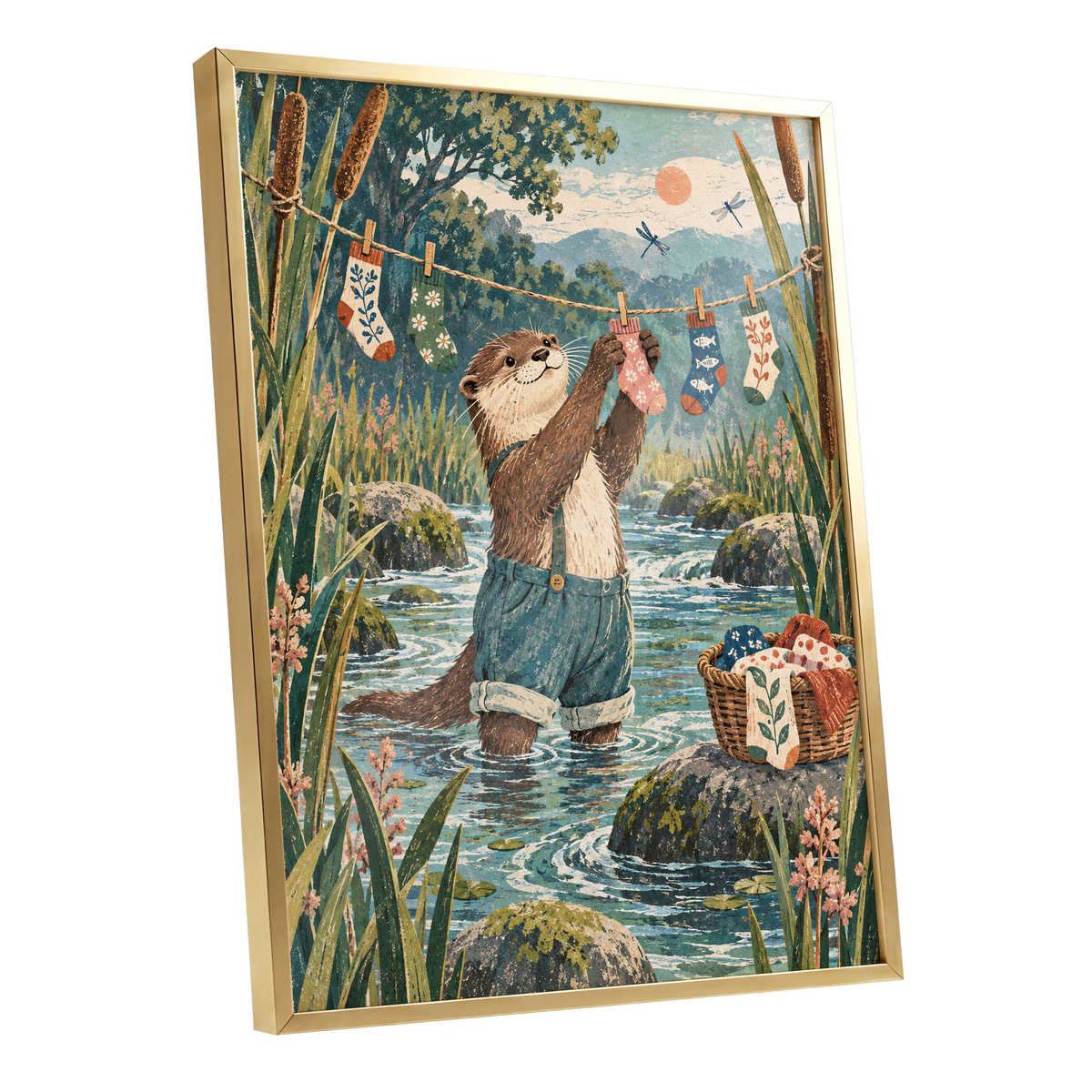 Otter's Laundry Day, blue, green, brown nature wall art shown as a gold framed poster wall art print