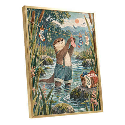 Otter's Laundry Day, blue, green, brown nature wall art shown as a gold framed poster wall art print