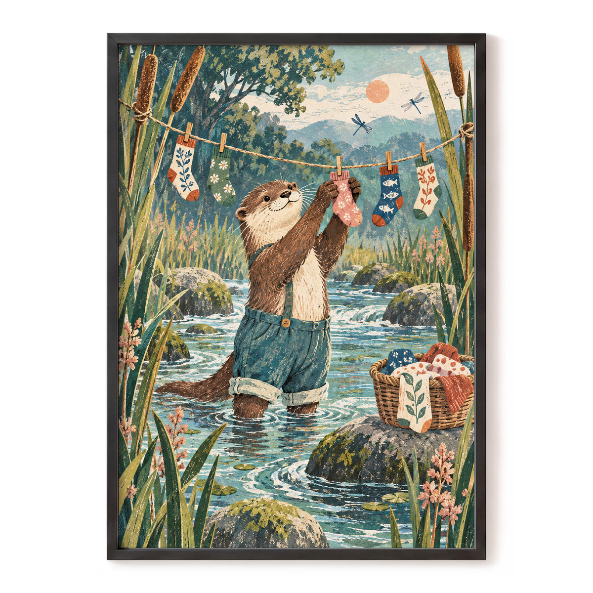Otter's Laundry Day, blue, green, brown nature wall art, front artwork view
