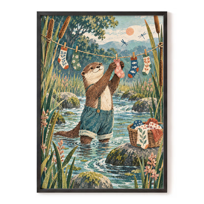 Otter's Laundry Day, blue, green, brown nature wall art, front artwork view